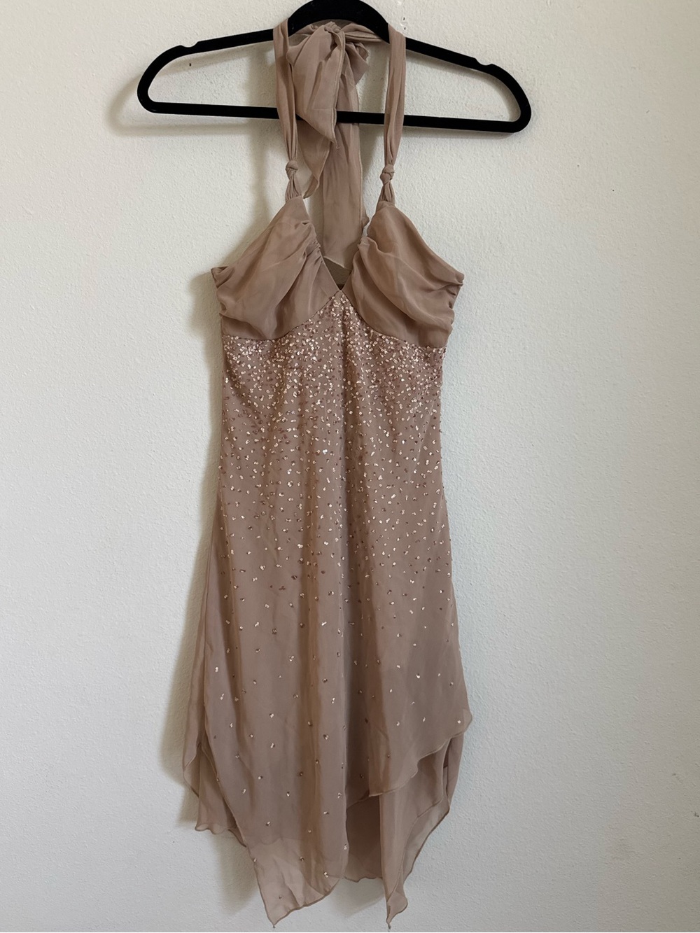 Vintage Y2K Charlotte Russe beige sequin halter neck asymmetrical dress XS